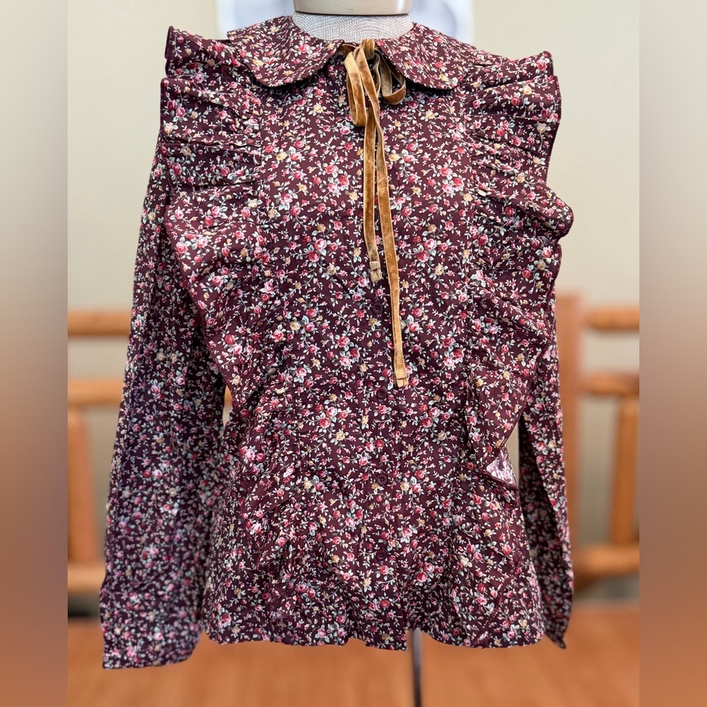 KidiChic Floral Ruffle Blouse – Burgundy Vintage-Inspired - Picture 2 of 9